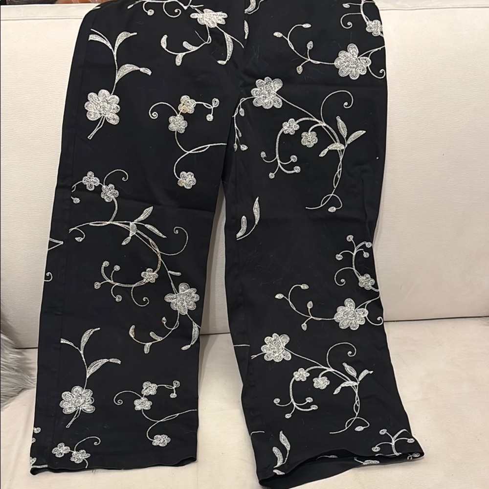 Black Pants with White Floral Embroidery
